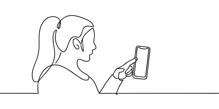 Continuous line drawing of a woman using a smartphone