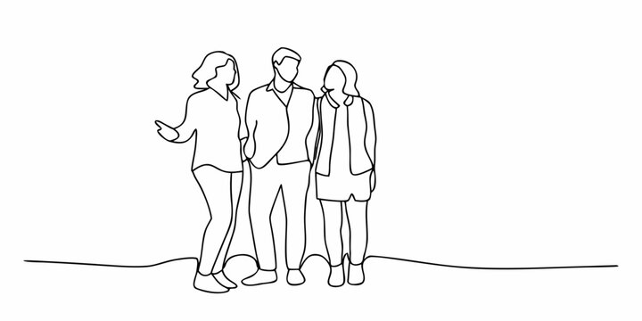 Continuous line drawing depicts three people standing closely together