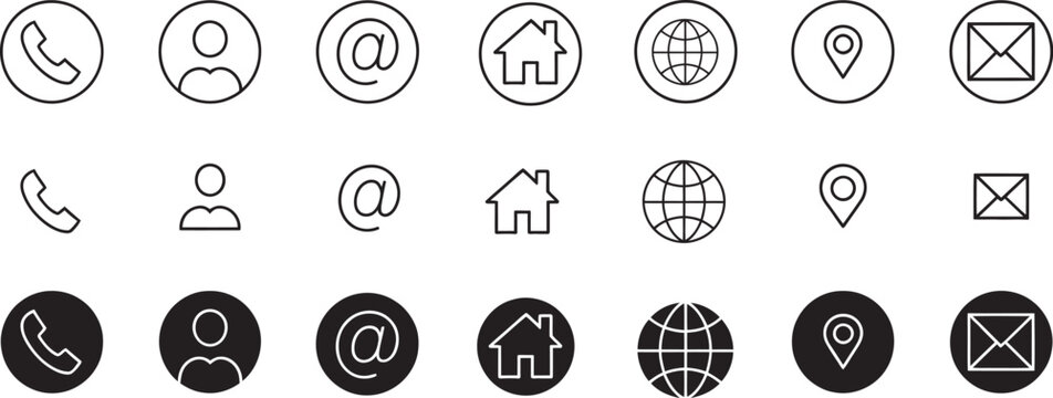Contact us icon set, phone user mail home location elements, minimal outline and solid styles, web app interface communication navigation vector illustration