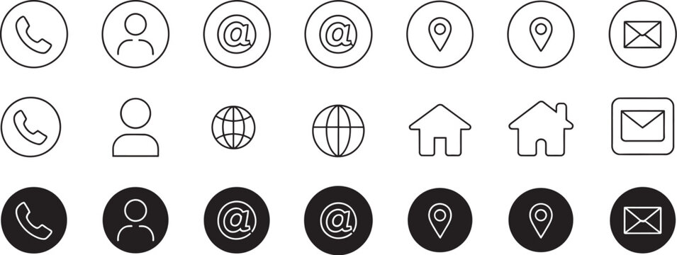 Contact us icon set, phone user mail home location elements, minimal outline and solid styles, web app interface communication navigation vector illustration