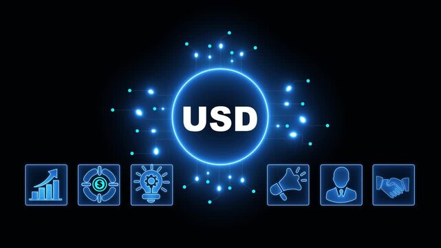 USD Acronym on Central Circuit Board. Digital Data Neon Circuit Board Concept. Idea, Growth, Target, Marketing, Lock, and Person Icons. Digital Technology Blue Background. 4k Video.