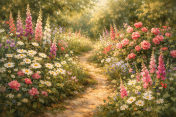 Obraz premium Blooming garden path with colorful flowers in warm sunlight
