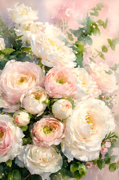 Soft Watercolor Bouquet of White and Pink Ranunculus Flowers
