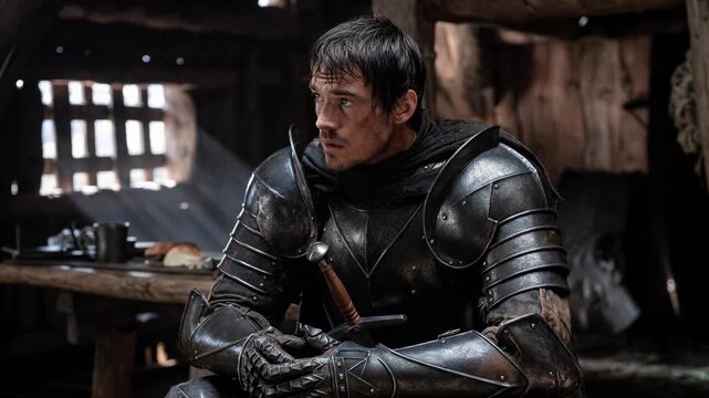 Knight in detailed armor sitting indoors in rustic wooden hut with moody lighting, on dark background, concept of courage and reflection