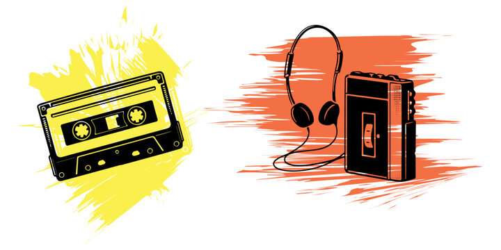 Vintage 80s 90s retro audio cassette tape and portable player with headphones vector set. Music nostalgia concept on abstract colorful background
