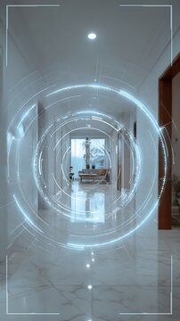 Smart home inspection concept with digital interface scanning walls detecting issues like moisture and cracks modern interior minimal style soft lighting high resolution, Realistic Photo