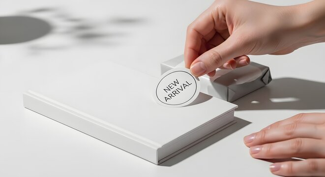 hand placing sticker on white album with minimalistic style for branding