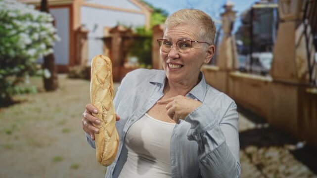Woman holding a baguette and points finger to baguette on a sunlit street market, wearing glasses and light shirt, smiling with open mouth; amused delight.