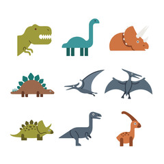 A collection of nine cartoon-style dinosaurs and prehistoric creatures in flat design, including T-Rex, Triceratops, Stegosaurus, and Pterodactyls. © Yin