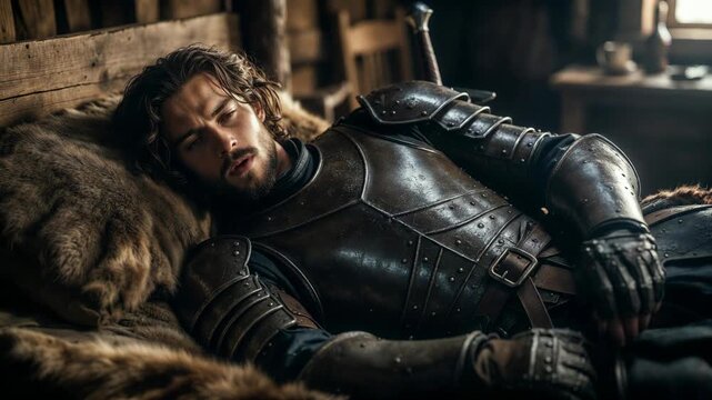 A medieval armored warrior sleeping on fur in a realistic style against a dim wooden interior, symbolizing rest and resilience