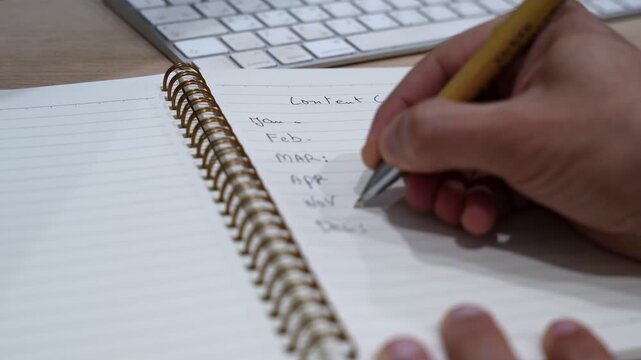 a hand writing a monthly planning list in a gold ring spiral notebook on a wooden desk with an Apple keyboard in the background, ideal for business and marketing content.