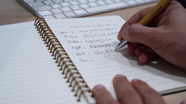 hand actively writing a content calendar with monthly campaigns including Ramadan, Black Friday, and Christmas in a gold spiral notebook on a wooden office desk.
