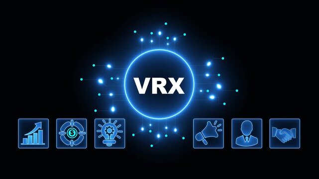 VRX Acronym on Central Circuit Board. Digital Data Neon Circuit Board Concept. Idea, Growth, Target, Marketing, Lock, and Person Icons. Digital Technology Blue Background. 4k Video