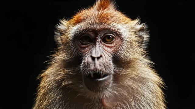 Close-up portrait of a surprised monkey with its mouth wide open and eyes looking upward against a solid black background, showing detailed fur texture and intense facial expression.