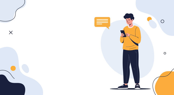 Young man in yellow shirt using smartphone with chat bubble, abstract background