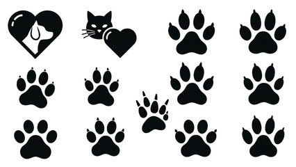 Fototapeta premium Vector Icon Sheet of Various Animal Paw Prints and Hearts