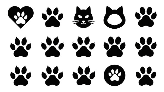 Vector Icon Sheet featuring various cat paw prints and feline face