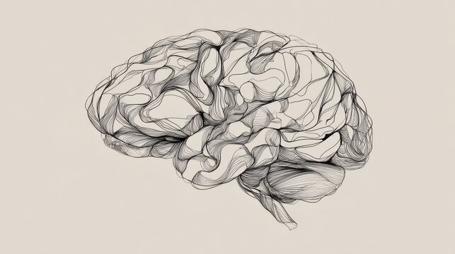 Brain illustration created with lines showing the surface details of the brain's structure over a plain background
