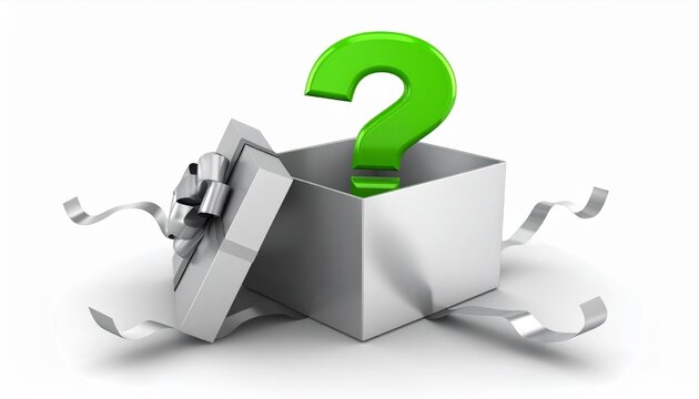 Silver gift box metallic ribbon green question mark surprise