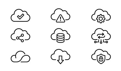 Fototapeta premium Modern cloud computing outline icons collection with storage network and data symbols black and white vector