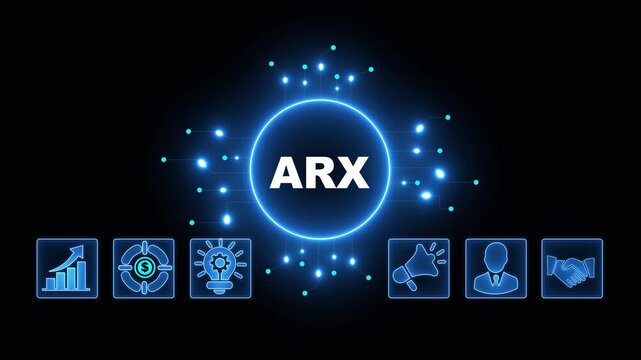 ARX Acronym on Central Circuit Board. Digital Data Neon Circuit Board Concept. Idea, Growth, Target, Marketing, Lock, and Person Icons. Digital Technology Blue Background. 4k Video