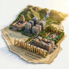Fototapeta premium 3D Isometric Coimbatore City Map with Marudhamalai Temple, Vellingiri Hills, and Industrial Skyline