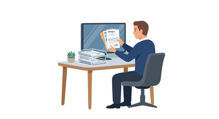 Fototapeta premium Businessman multitasking with laptop and smartphone at desk