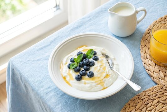 Refreshing Skyr Bowl with Blueberries and Mint on a Light Blue Tablecloth for a Summer Breakfast