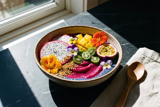 Vibrant Skyr Smoothie Bowl with Exotic Fruits and Edible Flowers on a Modern Dark Countertop