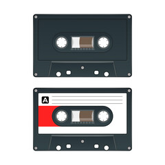 Fototapeta premium Realistic vintage black audio cassette tape 3d vector mockup set with blank compact cassette and with detailed reels label front view isolated on the white background.