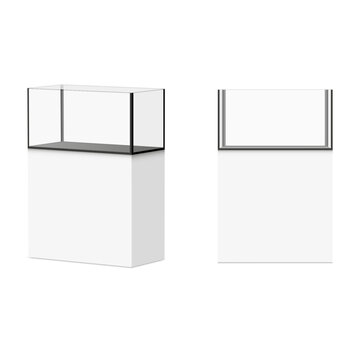 Realistic empty glass display box 3d vector mockup set on a white pedestal isometric and front view for museum exhibits gallery showrooms and retail store displays isolated on white background.