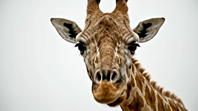 Detailed close-up profile of a giraffe head and long neck against a plain white background, showing unique brown reticulated spots, dark ossicones, large eye, and short mane.