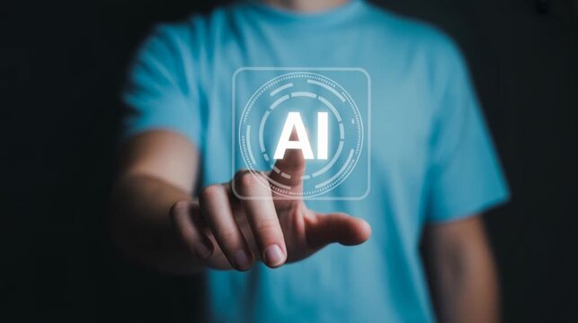 Hand tapping holographic AI assistant display icon floating slowly 