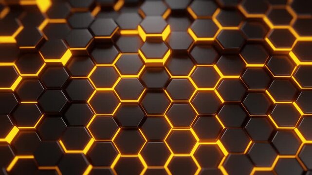Seamless Loop of Futuristic Black Hexagon Grid with Pulsating Orange Glowing Lights Abstract Technology Background