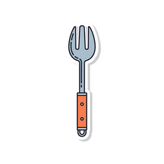 Naklejka premium A cartoon-style illustration of a kitchen fork with a wooden handle, outlined in black with a light blue and orange color scheme.