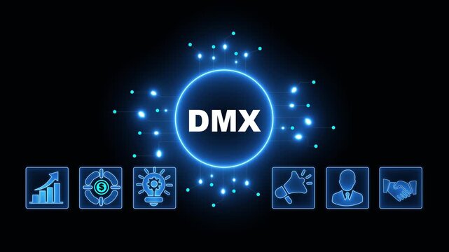 DMX Acronym on Central Circuit Board. Digital Data Neon Circuit Board Concept. Idea, Growth, Target, Marketing, Lock, and Person Icons. Digital Technology Blue Background. 4k Video