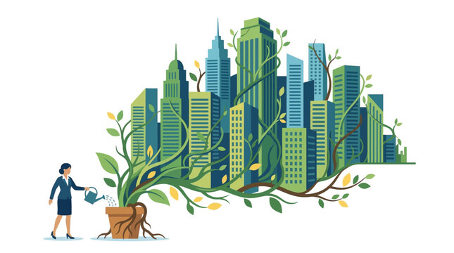 Businesswoman watering a plant growing into a sustainable green city skyline concept