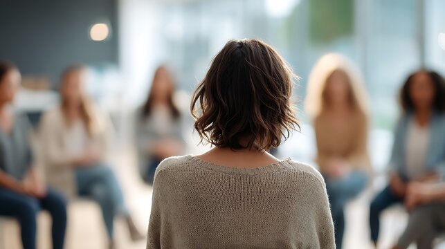 Woman leading a supportive group discussion, fostering connection and understanding among diverse participants.