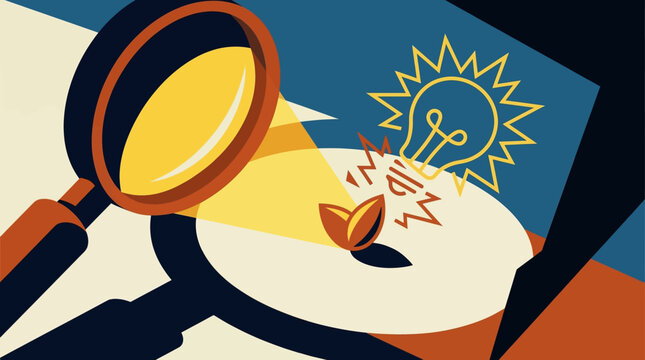 Magnifying glass analyzing broken lightbulb to find green leaf seed sustainable innovation concept