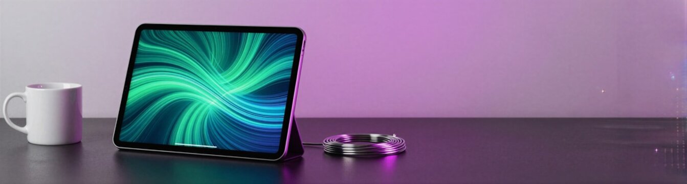 Tablet propped on stand beside mug on colored desk
