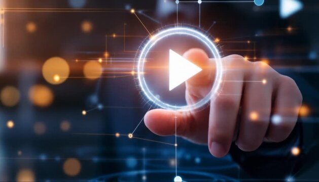 Hand Tapping Play Button Hologram Icon 4K 