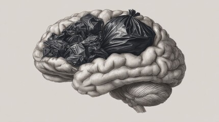 Fototapeta premium Depiction of a brain filled with trash bags showing the concept of mental clutter in a creative and artistic style