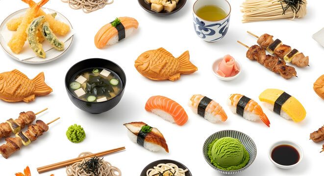 AI PHOTO - Still life of Japanese food and drink shot against a white background for easier edit use