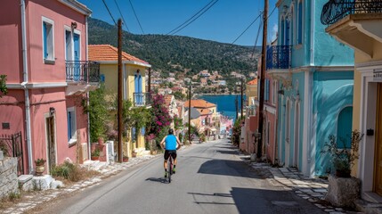 Fototapeta premium A cyclist rides downhill through colorful houses on a sunny day. The vibrant streets reflect the beauty of seaside living and adventure. This image captures outdoor fun in a charming location. AI