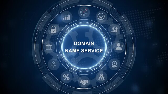 Domain Name Service, Hologram Futuristic Interface Concept. Business, Technology, Internet and network concept. 3d Motion graphics of technology icon interface background