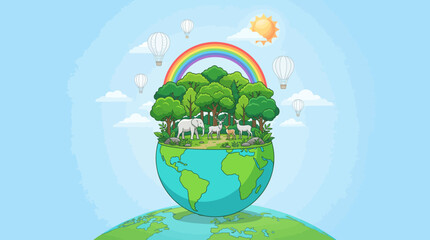 Fototapeta premium Eco-friendly Earth illustration featuring a lush green globe with trees, a rainbow, and bright sky to highlight sustainability and environmental awareness.