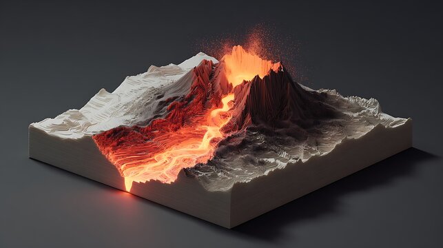 A 3D model of a volcanic eruption and lava flow