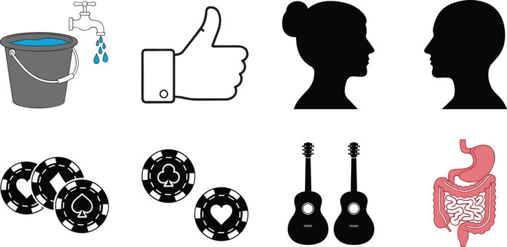 Mixed icon collection with water bucket, thumbs up, human profiles, poker chips, guitars and digestive system, vector illustration for lifestyle and concept design projects