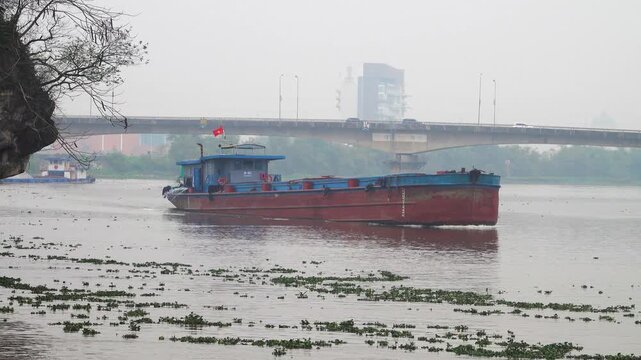 Ships on the Mekong River. Self-propelled barge, scow. Vietnam. Lots of water hyacinth