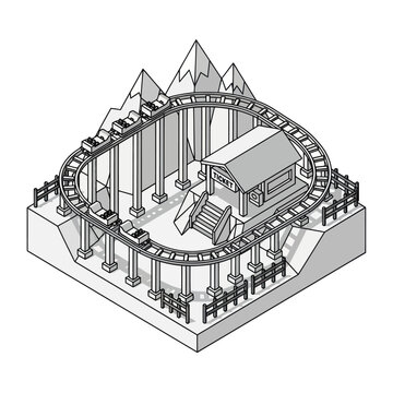 Isometric Roller Coaster Illustration with Mountain Landscape.